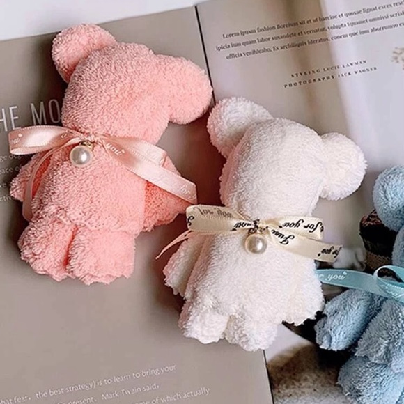 🎉 $8 ADD ON NEW Hand Towels formed in Teddy Bear with Pearl Designs Pink & Blue - Picture 2 of 2